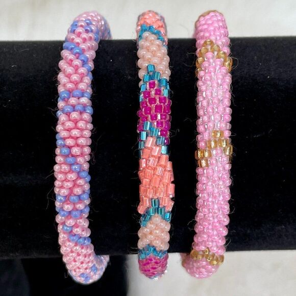 HAND CRAFTED in Nepal Beaded Bracelets (set of 3) PINK2 - Picture 1 of 4